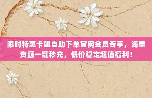 限时特惠卡盟自助下单官网会员专享,海量资源一键秒充,低价稳定超值福利!